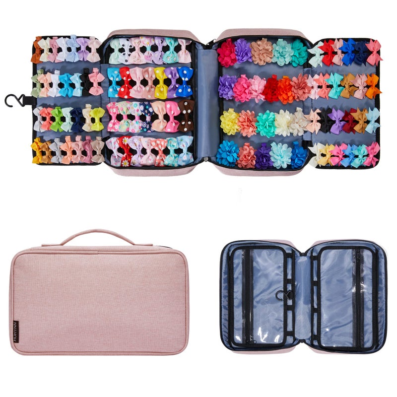 HUHYNN Hair Accessories Organizer for Girls, Hair Accessories Storage Bag, Hair Bow Storage Organaizer for Girls with Multi-Compartments, Baby Hair Accessories Organizer for Travel (Pink) - Image 1